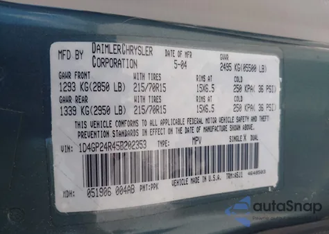 2005 Dodge Grand Caravan Se из США, поврежденный, VIN 1D4GP24R45B202353